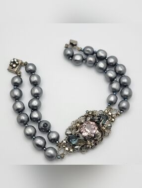 Vintage 1950s Double Strand Grey Pearl Rhinestone Bracelet Ornate Centerpiece